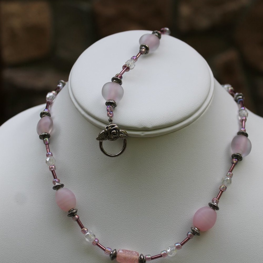 Romantic Vintage Pink Glass Bead Necklace and Bracelet Set